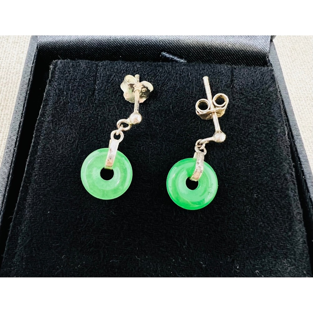 Vintage Sterling Silver Green Jade Donut Drop Earrings Pi Disc Dangle